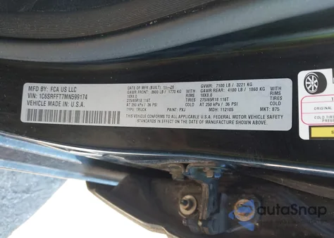 2021 Ram 1500 Big Horn 4X4 5'7 Box из США, поврежденный, VIN 1C6SRFFT7MN599174